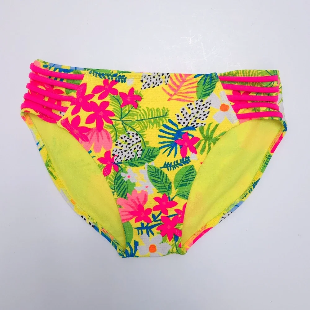 Art Class Neon‎ Yellow & Pink Floral Leaves Bikini Swimsuit Set- Girl's Kids XL